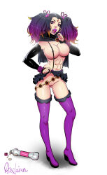 alternate_hair_color bimbofication boots bottomless breasts dc_comics disclaimer drool femsub gloves huge_breasts hypnotic_drink large_breasts large_lips lollipop multicolored_hair nude opera_gloves raven short_skirt skirt skirt_lift super_hero teen_titans thigh_boots tongue tongue_out topless twintails watermark white_background