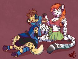  apes ash_(ashkelling) brown_hair cat_boy cat_girl clothed expressionless femdom furry kaa_eyes keilani_(keilani) leopard_boy long_hair malesub non-human_feet original paws red_hair simple_background smile super_hero tiger_girl 