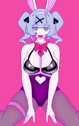  blue_hair bunny_ears bunnysuit face_paint fake_animal_ears hair_ornament happyhypno heart_eyes kaa_eyes kneeling miku_hatsune open_mouth pale_skin pantyhose ribbon short_hair simple_background smile symbol_in_eyes twintails vocaloid 