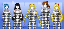  alerith bare_shoulders black_hair blonde_hair blue_hair bodysuit bow breasts brown_hair drone dronification earrings expressionless faceless female_only femsub gloves jewelry large_breasts latex long_hair mask multiple_girls multiple_subs opera_gloves ponytail sailor_jupiter sailor_mars sailor_mercury sailor_moon sailor_moon_(series) sailor_venus short_hair standing standing_at_attention tight_clothing twintails 