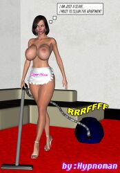  3d black_hair breasts cleaning collarbone earrings erect_nipples expressionless female_only femsub high_heels huge_breasts hypnoman jewelry milf original sandra_(hypnoman) short_hair solo text white_eyes 