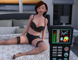  3d absurdres bare_shoulders barefoot bra brown_eyes brown_hair cleavage dazed disney drool female_only femsub happy_trance helen_parr hypnovideotoo large_breasts lingerie milf netorare open_mouth short_hair solo the_incredibles thighhighs 