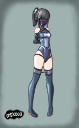  absurdres acmskoo3 arms_behind_back ball_gag bangs barcode bare_shoulders black_hair bondage boots breasts dildo female_only femsub gag gas_mask green_background hair_ornament harness headphones leotard mask original ponytail pussy_juice qr_code ribbon signature simple_background solo standing tech_control thigh_boots thighhighs vaginal vibrator visor 