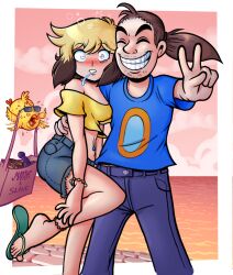 beach bird black_hair blonde_hair blush bracelet brown_hair closed_eyes collar dazed dildo drool empty_eyes erika_(er-ikaa) femsub jean_shorts jeans keeper_of_pots maledom multicolored_hair navel navel_piercing open_mouth original piercing ponytail sandals smile sunglasses text v