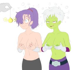belt blue_eyes blush breasts breasts_outside bulla_briefs cheelai dazed dragon_ball dragon_ball_super drool female_only femsub gloves green_skin groping hair_covering_one_eye happy_trance holding_breasts large_breasts messy_hair multiple_girls multiple_subs open_clothes open_mouth pendulum pink_eyes plsgts ponytail purple_hair smile topless white_hair