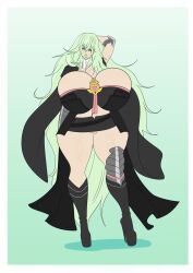 bimboannon bimbofication breasts byleth_eisner eyeshadow female_only femsub fire_emblem fire_emblem_three_houses green_hair green_lipstick happy_trance high_heels huge_breasts jewelry large_lips lipstick looking_at_viewer makeup nintendo pussy smile solo thick_thighs thighs very_long_hair