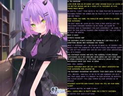  bangs blush breasts caption caption_only clothed demon_girl female_only femdom femsub green_eyes hair_ornament hololive horns hypnotic_kiss jigiyak_(manipper) looking_at_viewer male_pov maledom manip moizumi_shipon pov pov_dom purple_hair ribbon short_hair signature skirt small_breasts straight-cut_bangs succubus tail text tie towa_tokoyami turning_the_tables twintails 