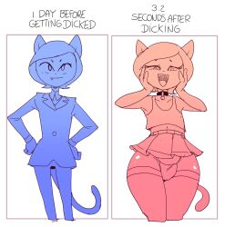  alternate_costume before_and_after bulge cartoon_network cat_boy collar crop_top curvy dbaru erect_nipples_under_clothes eyelashes fangs femboy feminization furry hand_on_hip kneehighs male_only malesub mind_break miniskirt navel ok_k.o.!_let&#039;s_be_heroes purrcival short_hair suit text thong wide_hips 