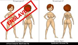  ass bottomless breasts brown_hair disney elastigirl femsub helen_parr hypnotic_accessory large_breasts manip microchip milf nude pubic_hair pussy short_hair super_hero tech_control text the_incredibles topless western 