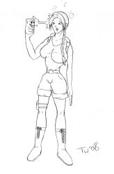 breasts crossed_eyes empty_eyes female_only femsub greyscale lara_croft large_breasts long_hair monochrome solo standing standing_at_attention tomb_raider traditional trishbot western