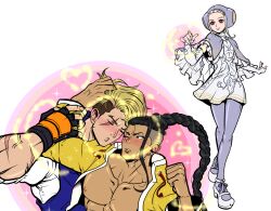 aura black_hair blonde_hair blush body_control braid capcom capcom_fighting_jam closed_eyes clothed femdom fingerless_gloves gloves goddess hand_on_head heart ingrid_(capcom) jamie_siu long_hair love luke_sullivan malesub one_eye_open ponytail psychic puckered_lips red_eyes rocckart simple_background sparkle street_fighter sub_on_sub symbol white_background white_hair yaoi