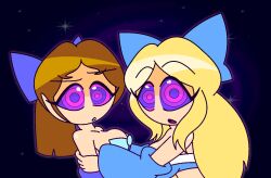 aged_up alice alice_in_wonderland alternate_costume androgynous_dom bare_shoulders blonde_hair bow brown_hair collarbone confused disney eyebrows_visible_through_hair eyelashes female_only femsub harem_outfit hypnoscream long_hair looking_at_viewer multicolored_eyes multiple_girls multiple_subs open_mouth peter_pan_(movie) ponytail pov_dom ring_eyes shiny_hair shiny_skin sideboob simple_background surprised wendy_darling yuri