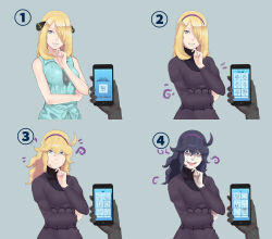  absurdres black_hair blonde_hair breasts comic corruption cynthia female_only femsub hair_covering_one_eye hex_maniac hexification identity_swap long_hair menma911 multicolored_hair nintendo open_mouth phone pokemon pokemon_diamond_pearl_and_platinum pokemon_x_and_y purple_eyes purple_hair smile spiral_eyes symbol_in_eyes tech_control text transformation 