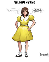  brown_hair clothed dialogue doll dress female_only femsub hand_on_hip looking_at_viewer okayokayokok original pov signature simple_background solo speech_bubble spiral_eyes text white_background yellow_eyes 