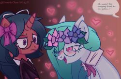  animals_only blue_hair dialogue female_only femsub flower furry glasses happy_trance horns horse horse_girl long_hair love_potion multiple_girls my_little_pony open_mouth pink_eyes ribbon smile text 