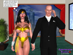  3d bald black_hair breasts cleavage collarbone dc_comics earrings evil_smile expressionless femsub holding_hands huge_breasts hypnoman jewelry lex_luthor long_hair looking_at_viewer maledom micro_bikini red_lipstick smile super_hero text thick_thighs white_eyes wonder_woman 