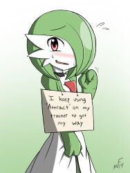  absurdres airalin_(rakkuguy) blush choker embarrassed environmental_text female_only gardevoir gradient_background green_background humiliation humor looking_at_viewer nintendo pokemon pokemon_(creature) rakkuguy red_eyes sign signature simple_background smile solo standing sweat text white_background 