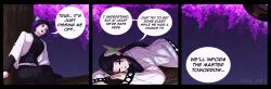 black_hair butterfly comic demon_slayer english_text hair_ornament kanae_kocho multiple_girls multiple_views orkart outdoors purple_hair shinobu_kocho signature sitting text trees