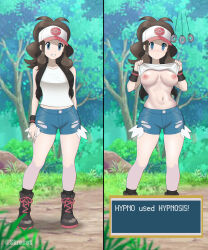  absurdres before_and_after blue_eyes blush breasts brown_hair cap coin dialogue empty_eyes english_text expressionless femsub hilda hypno kronobas28 midriff navel nintendo nipples outdoors pendulum pokemon pokemon_(creature) pokemon_black_and_white pokemon_red_green_blue_and_yellow shirt_lift shorts smile standing text torn_clothes trees 