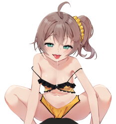  agnamore ahoge blue_eyes blush breasts brown_hair drool empty_eyes female_only femsub hololive lingerie matsuri_natsuiro nightgown ponytail short_hair side_ponytail small_breasts smile spread_legs tongue tongue_out virtual_youtuber 