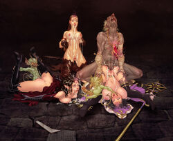breasts cum elf elf_ears expressionless goblin group_sex holding_breasts jewelry joix kneeling lying orgy penis sex spread_legs staff sword vaginal