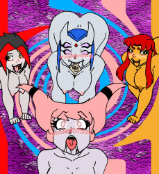 absurdres ahegao alien alien_girl argent black_hair blush bottomless breasts crazycowproductions dc_comics drool femdom femsub glowing glowing_eyes happy_trance jinx large_breasts long_hair looking_at_viewer maledom multiple_girls open_mouth pink_eyes pink_hair pov pov_dom pov_sub raven red_hair short_hair smile starfire super_hero teen_titans topless