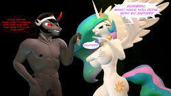  3d absurdres ass bottomless breasts furry horns horse horse_girl king_sombra large_breasts long_hair magic multicolored_hair my_little_pony nipples nude princess_celestia rainbow_hair source_filmmaker supercasket text topless unicorn western 