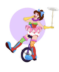  absurdres beauty_and_the_beast belle brown_hair clown clown_girl clownification diaper disney drool femsub kaa_eyes open_mouth pink_eyes pink_lipstick ponytail shydaddy simple_background solo white_background 