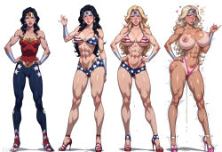 abs ai_art ass ass_expansion bikini bimbofication black_hair blonde_hair blue_eyes breast_expansion breasts clothed clothed_exposure corruption dc_comics diana_prince earrings erect_nipples erect_nipples_under_clothes female_only femsub flag_bikini hair_growth heart heart_eyes justice_league_(series) large_breasts makeup mind_break nipples platinum_blonde_hair pussy pussy_juice sequence super_hero symbol_in_eyes thick_thighs thong topless transformation very_long_hair wonder_woman wonder_woman_(series) xftriber