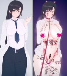  3d altered_common_sense animal_ears bangs bare_legs before_and_after black_eyes black_hair blush body_writing breasts breath cigarette collar collarbone condom condom_accessories dress_shirt femsub grey_eyes heart_eyes heart_pasties hentai_man jeans koikatsu! lab_coat large_breasts leash long_hair looking_at_viewer my_youth_romantic_comedy_is_wrong_as_i_expected navel open_mouth pasties prostitution shizuka_hiratsuka simple_background skirt sling_bikini symbol_in_eyes used_condom very_long_hair 