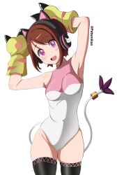  armpits arms_above_head blush breasts brown_eyes brown_hair cameltoe cat_ears cosplay digimon eyebrows_visible_through_hair fake_animal_ears fake_tail female_only femsub gatomon hand_on_head happy_trance headphones kari_kamiya leotard manip master226_(manipper) open_mouth pabsmikan short_hair simple_background smile solo spiral_eyes standing symbol_in_eyes thighhighs watermark white_background 