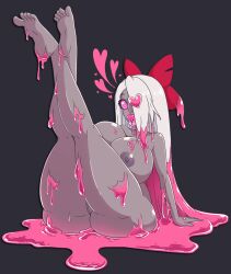  bimbofication bottomless bow breast_expansion breasts drugged eyepatch femsub hazbin_hotel large_breasts nude potion spiral_eyes symbol_in_eyes topless vaggie_(hazbin_hotel) white_hair wrenzephyr2 