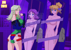 ahoge blue_eyes bottomless breasts empty_eyes excellen_browning female_only femdom femsub green_eyes jimryu lamia_loveless large_breasts latooni_suvota nude orange_hair purple_hair standing standing_at_attention stasis_tank super_robot_wars tech_control topless