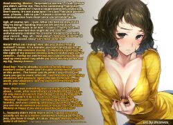  absurdres blush breasts brown_hair caption caption_only cleavage female_only femdom golden_scythe_(manipper) gradient_background gradient_text hizuki_akira hypnotic_breasts hypnotic_voice large_breasts looking_at_viewer male_pov manip milf mommy mother_and_son persona_(series) persona_5 pov pov_sub sadayo_kawakami short_hair sweater teacher text wholesome 