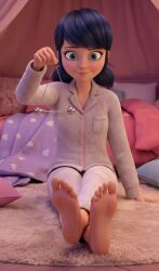 ai_art bed bedroom blue_hair feet femdom foot_focus looking_at_viewer marinette_dupain-cheng miraculous_ladybug paco777yuyu7 pajamas pendulum pov_sub sitting