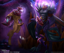 bare_legs bottomless bug_boy cum erection flexing floating furry glowing glowing_eyes group_sex horns kha&#039;zix_(league_of_legends) league_of_legends magic male_only maledom malesub malzahar_(league_of_legends) masturbation monster_boy multiple_boys muscle_boy non-human_feet nude open_mouth penis size_difference todex topless wings yaoi