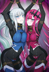 alternate_costume angry arms_above_head aura baobhan_sith_(fate) blush bodysuit bondage breast_press breasts elf_ears fate/grand_order fate_(series) female_only femsub grey_eyes grey_hair long_hair looking_at_viewer morgan_le_fey_(fate) mother_and_daughter red_hair restrained ribimura tight_clothing