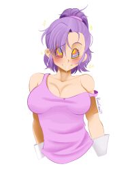  animated animated_gif blush breasts bulla_briefs clothed crossed_eyes dragon_ball drool female_only femsub kaa_eyes large_breasts pomegranet purple_hair smile 
