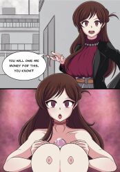  absurdres before_and_after belted_skirt breasts brown_eyes brown_hair chizuru_mizuhara collar cum empty_eyes english_text expressionless femsub hypnotic_accessory jostony24k0 large_breasts long_hair nipples paizuri penis rent_a_girlfriend skirt speech_bubble text 