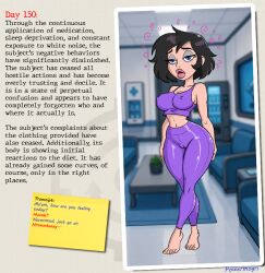  ass ass_expansion barefoot bimbofication black_hair blue_eyes brain_drain breast_expansion breasts cameltoe confused eyeshadow leggings lip_expansion manip midriff original powermogri signature sleepy tank_top text 