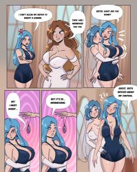 black_eyes blue_hair brown_hair cleavage femdom femsub happy_trance hypnoskeleton hypnotized_assistant long_hair multiple_girls multiple_subs original pendulum purple_eyes red_eyes resisting sisters text wedding_dress