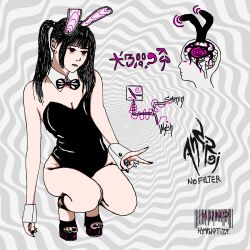 andrei black_hair bunny_ears bunnysuit control_indicator empty_eyes expressionless female_only femsub hypnotic_accessory original ponytail posing purple_eyes signature sketch solo spiral