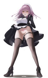  absurdres azur_lane blush censored cheems crotch_tattoo cum devonshire dress dress_lift embarrassed female_only femsub gloves high_heels hypnotic_tattoo maid maid_headdress midriff open_mouth panties pink_hair pussy pussy_juice simple_background solo spread_legs tattoo thighhighs underwear white_background yellow_eyes 