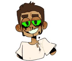 brown_hair chris_kratt drool dystopiangraffiti green_sclera male_only malesub possession shirt smile solo symbol_in_eyes tears torn_clothes white_background wild_kratts