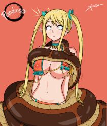 absurdres bikini_top blonde_hair brown_eyes cleavage coils expressionless fairy_tail femsub hair_ornament large_breasts long_hair lucy_heartfilia navel nipples pandroso restrained shrunken_irises signature simple_background snake sparkle trance_break twintails very_long_hair