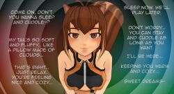 3d blazblue breasts brown_eyes brown_hair female_only femdom hypnotic_eyes large_breasts leaning_forward looking_at_viewer makoto_nanaya pov pov_sub short_hair silver smile spiral squirrel_girl text