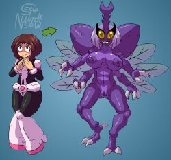  antenna before_and_after bottomless breasts brown_hair bug_girl corruption discolored_nipples female_only happy_trance horns large_breasts monster_girl multiple_arms my_hero_academia non-human_feet nude ochaco_uraraka purple_hair scrapcorcist short_hair solo topless transformation wings 