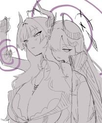  blue_archive blush femdom femsub halo horns large_breasts long_hair makoto_(blue_archive) mole muratsui_tekiya pendulum satsuki_(blue_archive) sketch spiral tie tie_in_cleavage yuri 