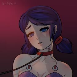  blue_eyes blue_hair collar empty_eyes expressionless femsub leash lingerie marinette_dupain-cheng miraculous_ladybug open_mouth ren_friday_13 signature solo tech_control twintails wires 