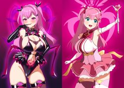 aisei_tenshi_love_mary akari_asahina armpits bangs bare_shoulders before_and_after blue_eyes blush bow cleavage crotch_tattoo empty_eyes female_only femsub gloves gradient_background hair_ornament halo heart jewelry large_breasts latex leotard long_hair looking_at_viewer magical_girl miniskirt nail_polish navel opera_gloves pink_background pink_eyes pink_hair ribbon rubber simple_background skirt smile solo staff tattoo thighhighs twintails yozora_leon18